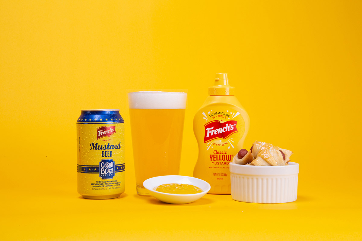 Mustard beer, mustard and pigs in a blanket