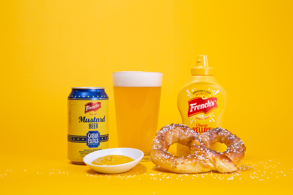 French's Mustard beer with a pretzel
